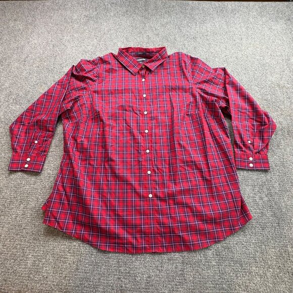 Lands End Shirt Womens 26W Red‎ Blue Plaid No Iron Supima Cotton Button-Down - Picture 1 of 13